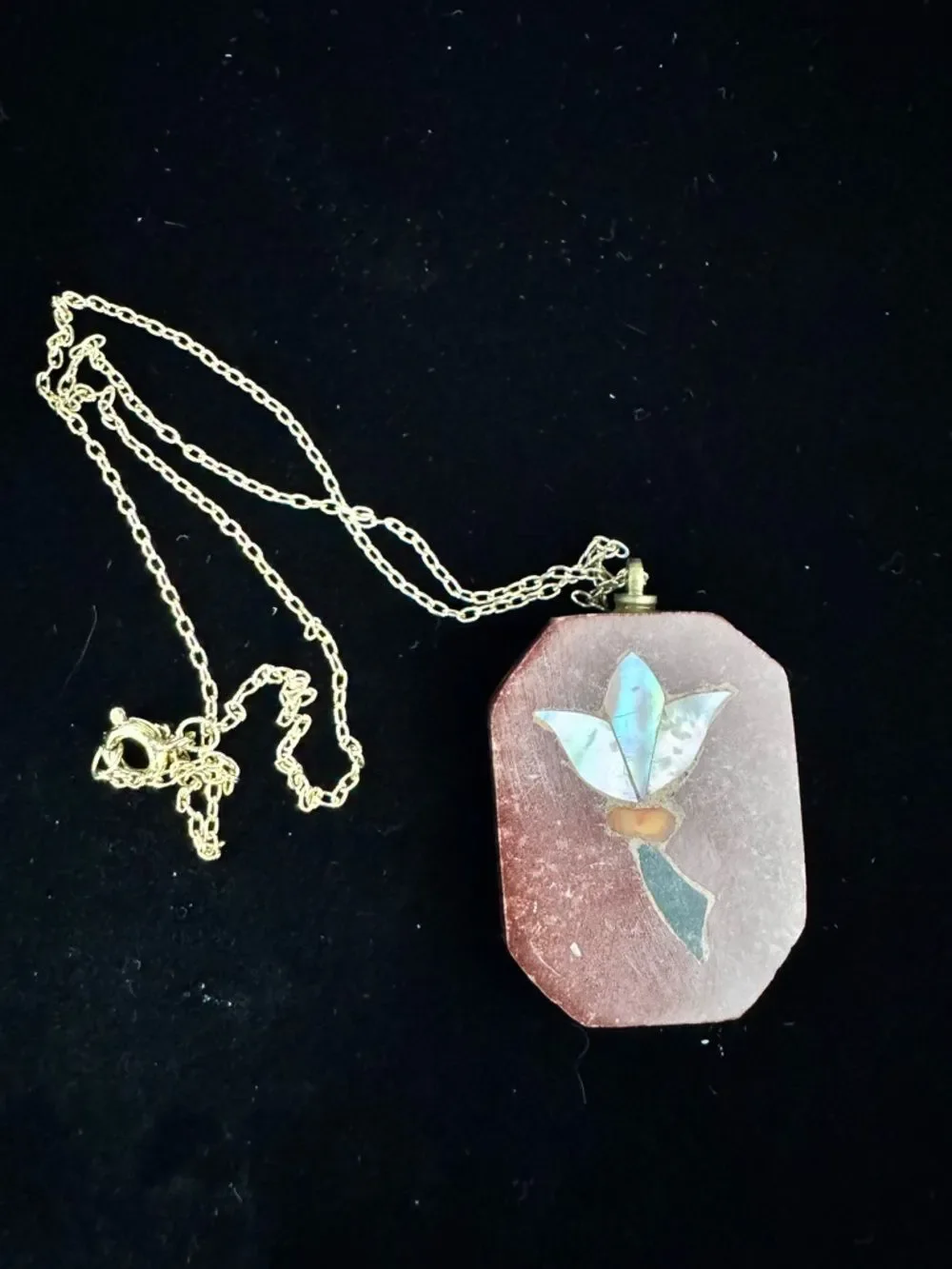 Vintage Soap Stone Carved Pendant Floral Design Mother of Pearl Inlay Necklace